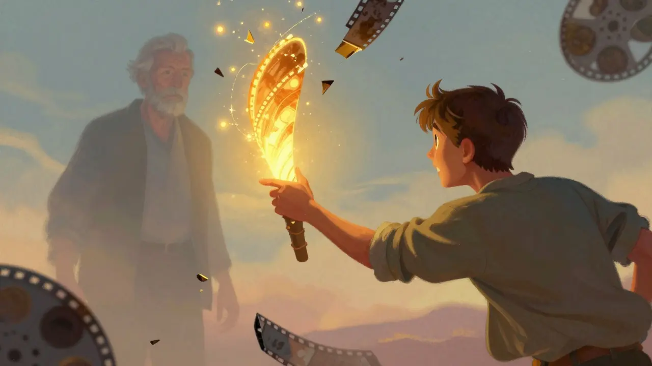 An older figure passes a glowing hand to a younger one amidst floating memory fragments