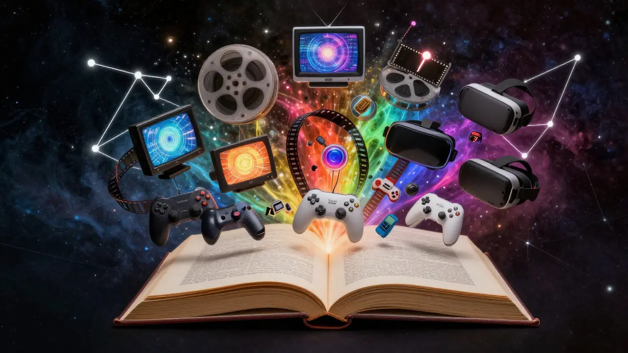 An open book projecting film reels and VR headsets into a cosmic network