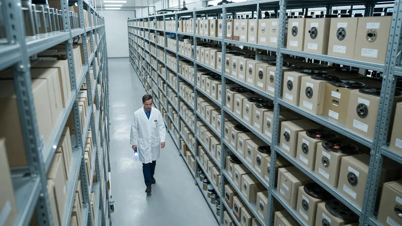 Archivist walking through aisles of tape reels in a large storage facility