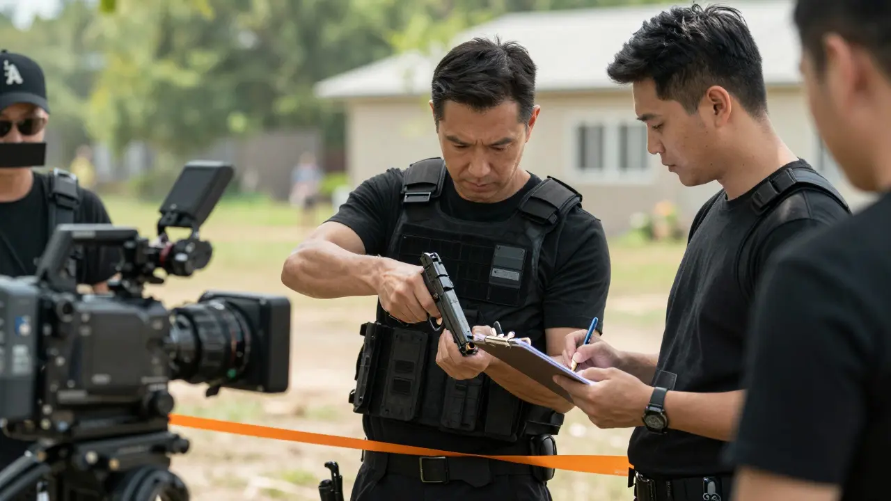 Armorer loading a prop gun while a witness verifies the process on set