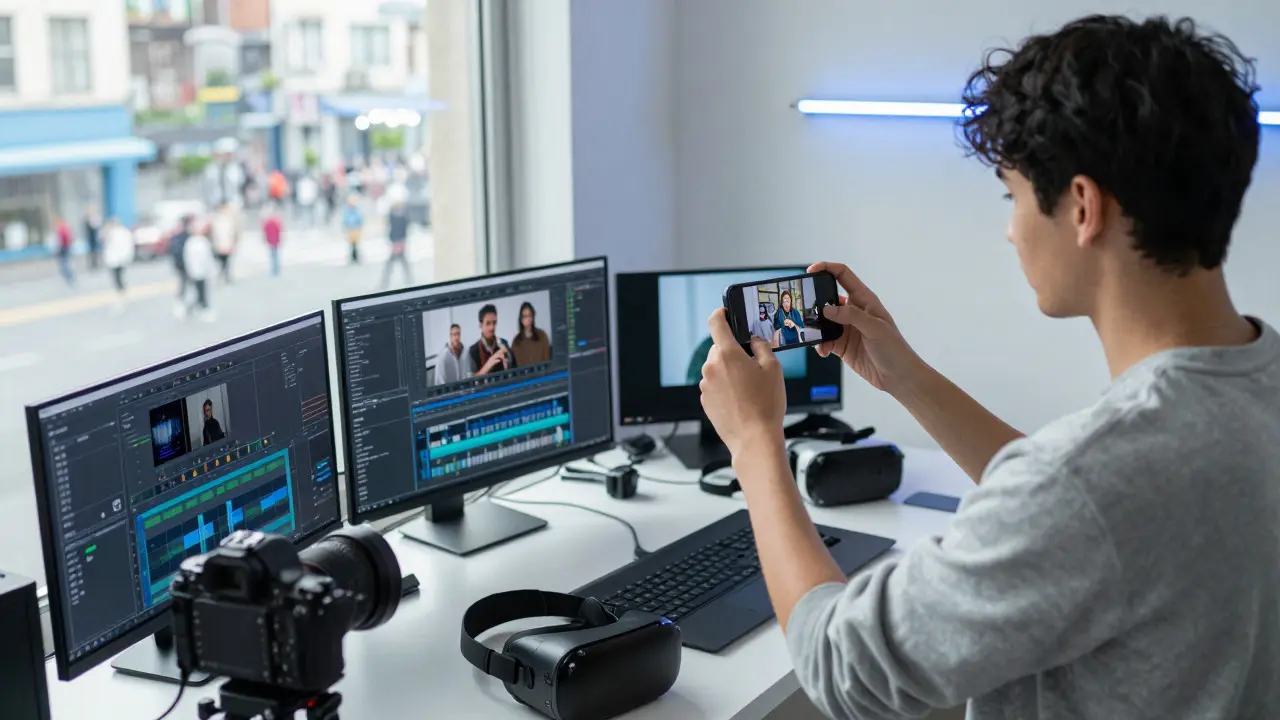 Artist in a tech-filled studio using a phone to record art, symbolizing digital filmmaking