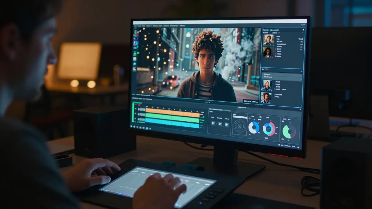 Artist working on a computer monitor adjusting layers and colors for an animated film scene