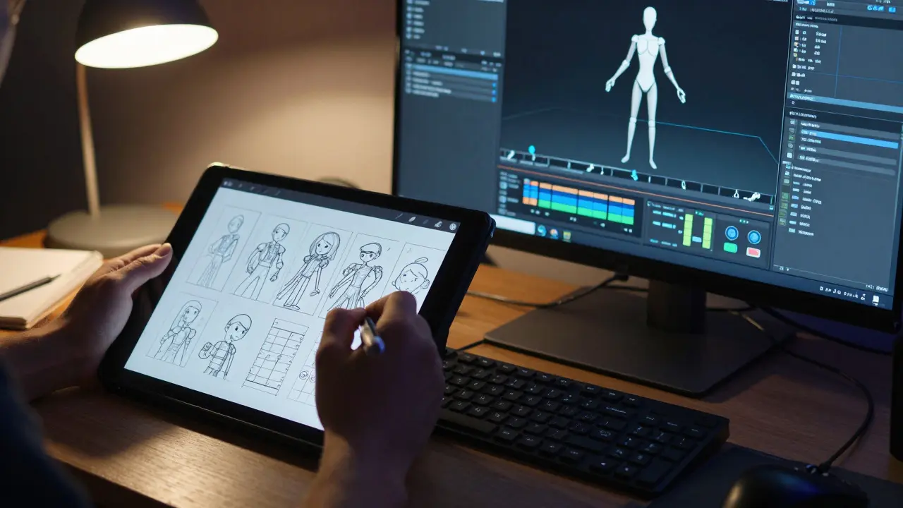Artist workspace showing digital tablet sketches next to 3D rigging software