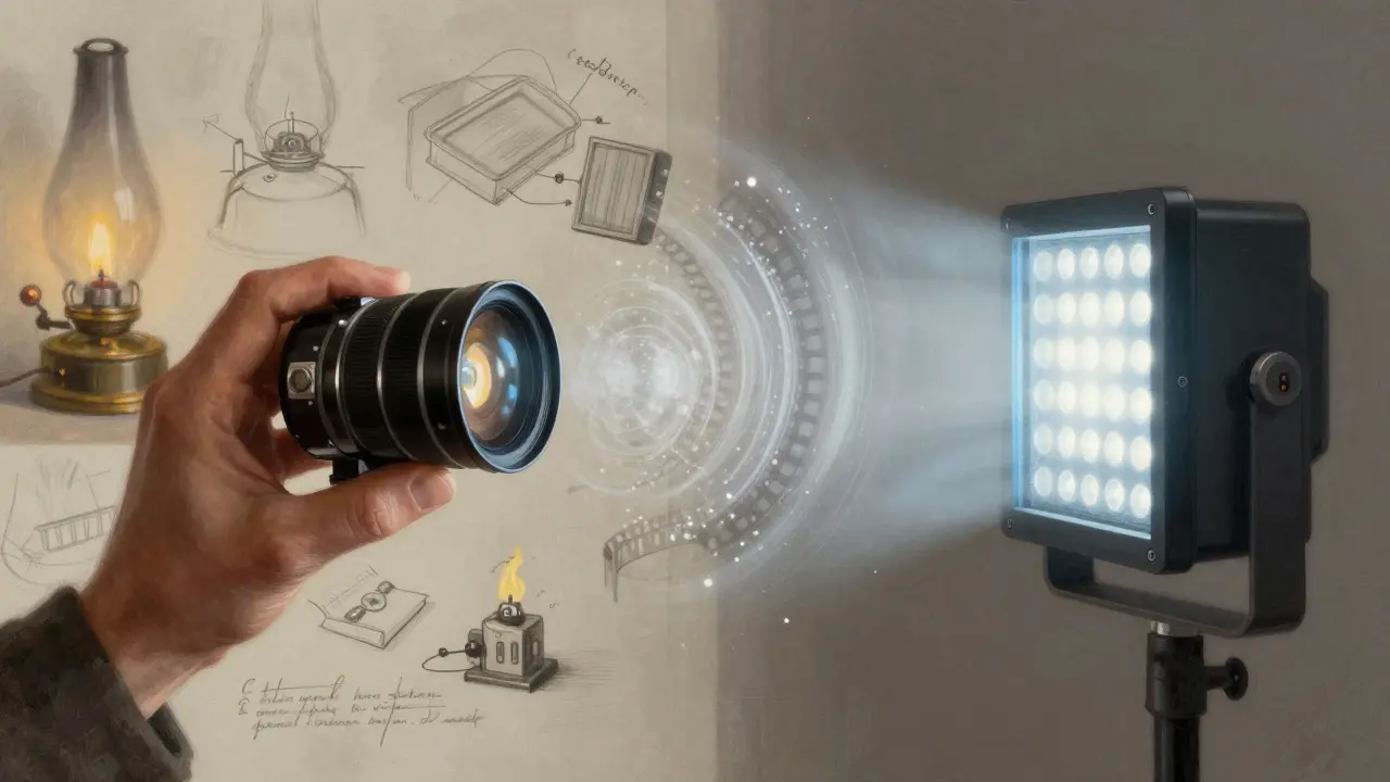 Artistic blend of vintage lenses and modern digital sensors representing cinematic evolution