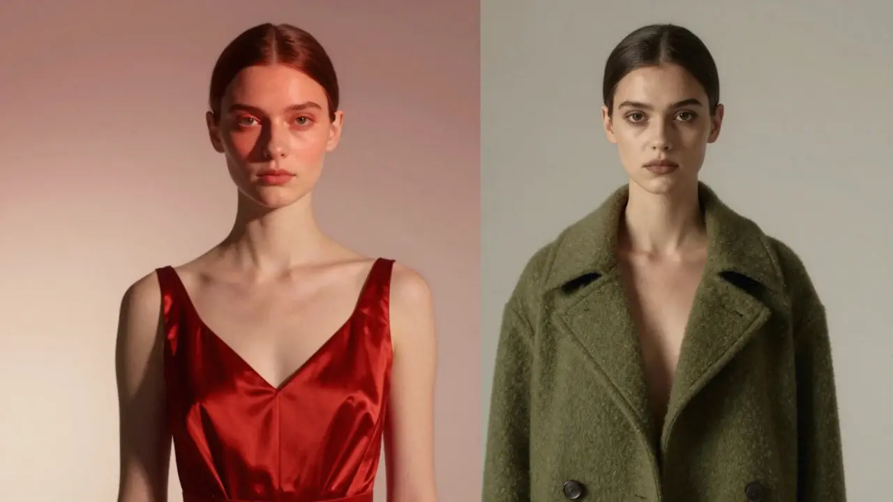 Artistic comparison of red silk and olive wool effects on facial makeup