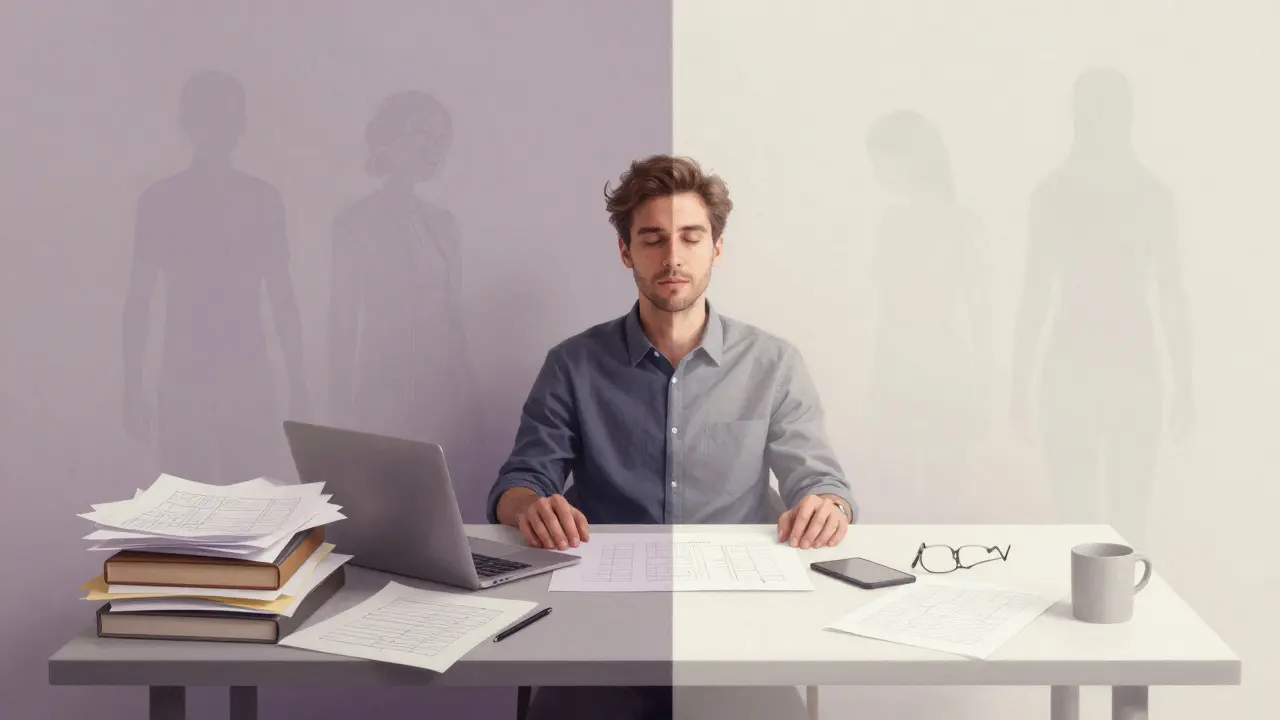 Artistic depiction of a calm designer facing a desk split between messy and organized states