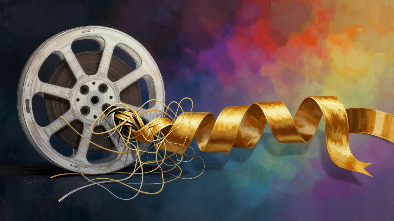 Artistic depiction of film reels transforming from rough to polished