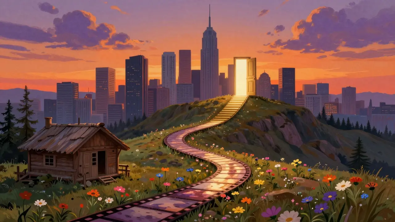 Artistic illustration of a film strip path rising from mountains to a city skyline
