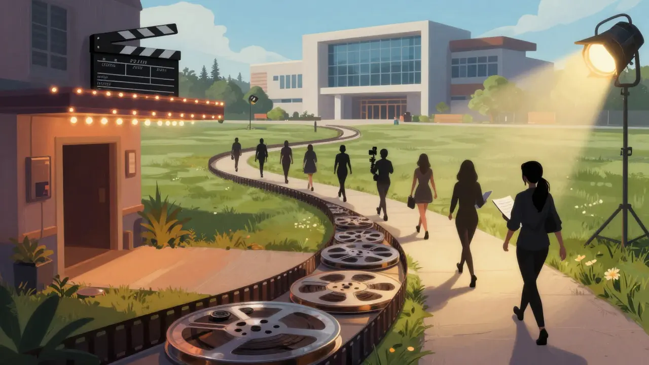 Artistic illustration of a path leading from indie theaters to major studios
