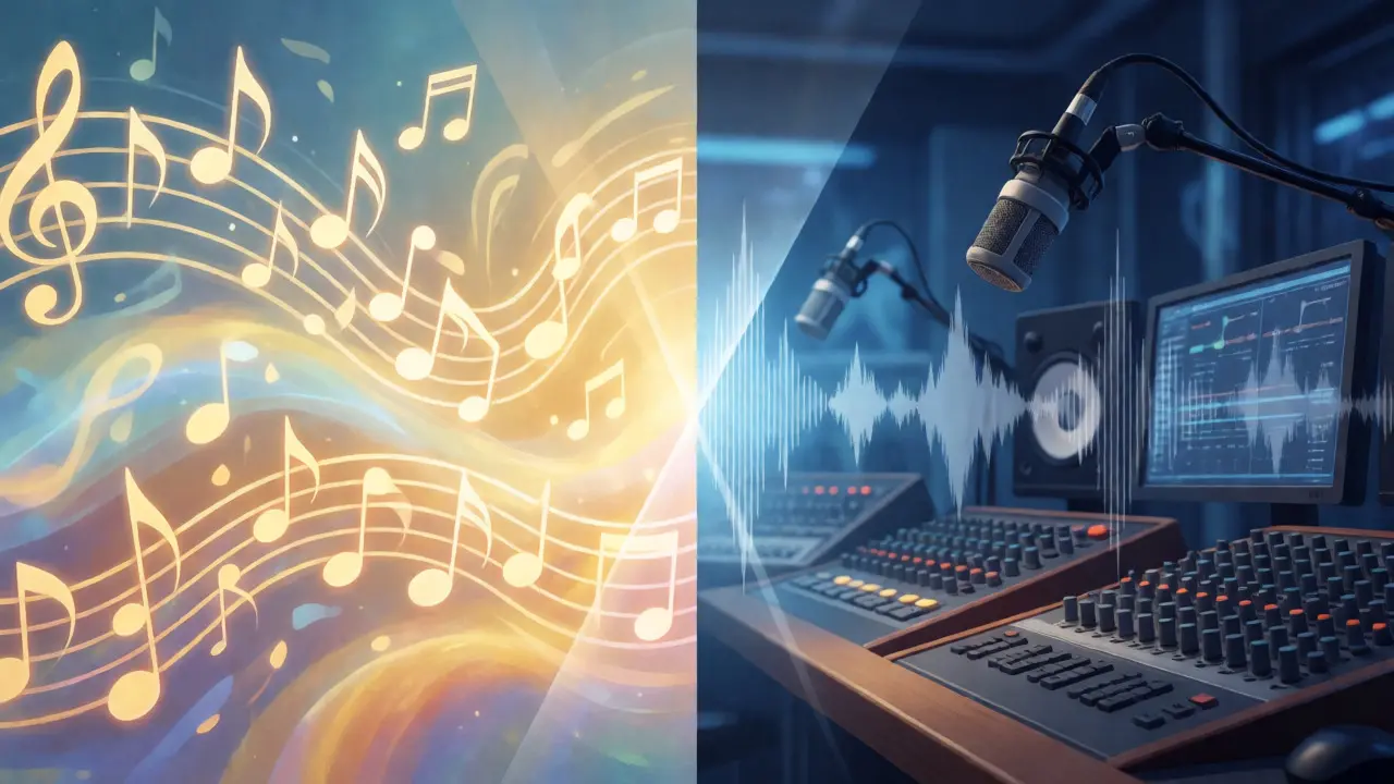 Artistic split view comparing musical composition and sound recording ownership.