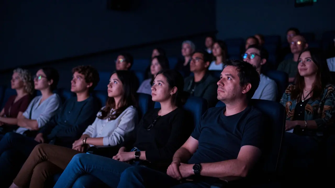 Audience and director watching a film in a dimly lit festival screening room