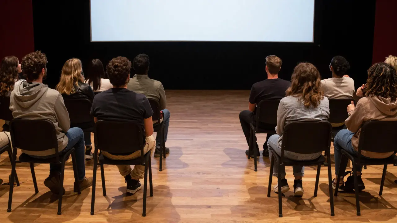 Audience members in a theater engaging in discussion after a documentary screening