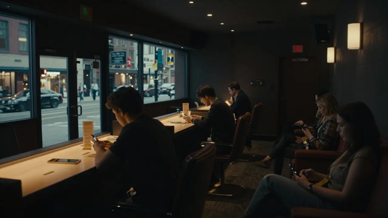 Audience members purchasing tickets in a dimly lit movie theater lobby