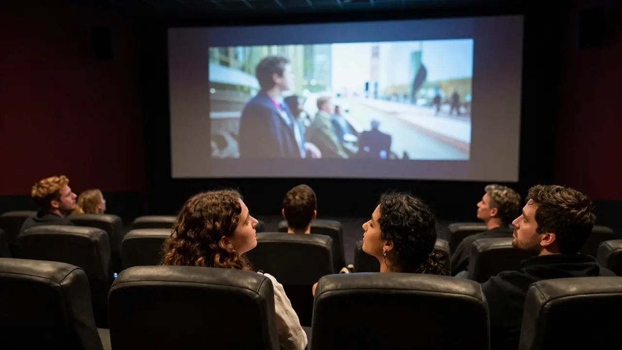 Audience members watching a documentary rough cut in a dimly lit theater