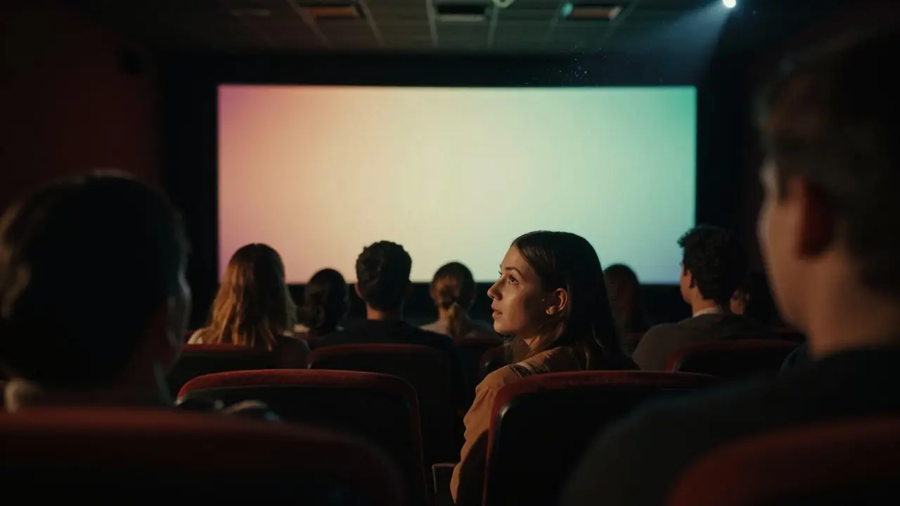 Audience members watching a movie in a dark theater with light from the screen
