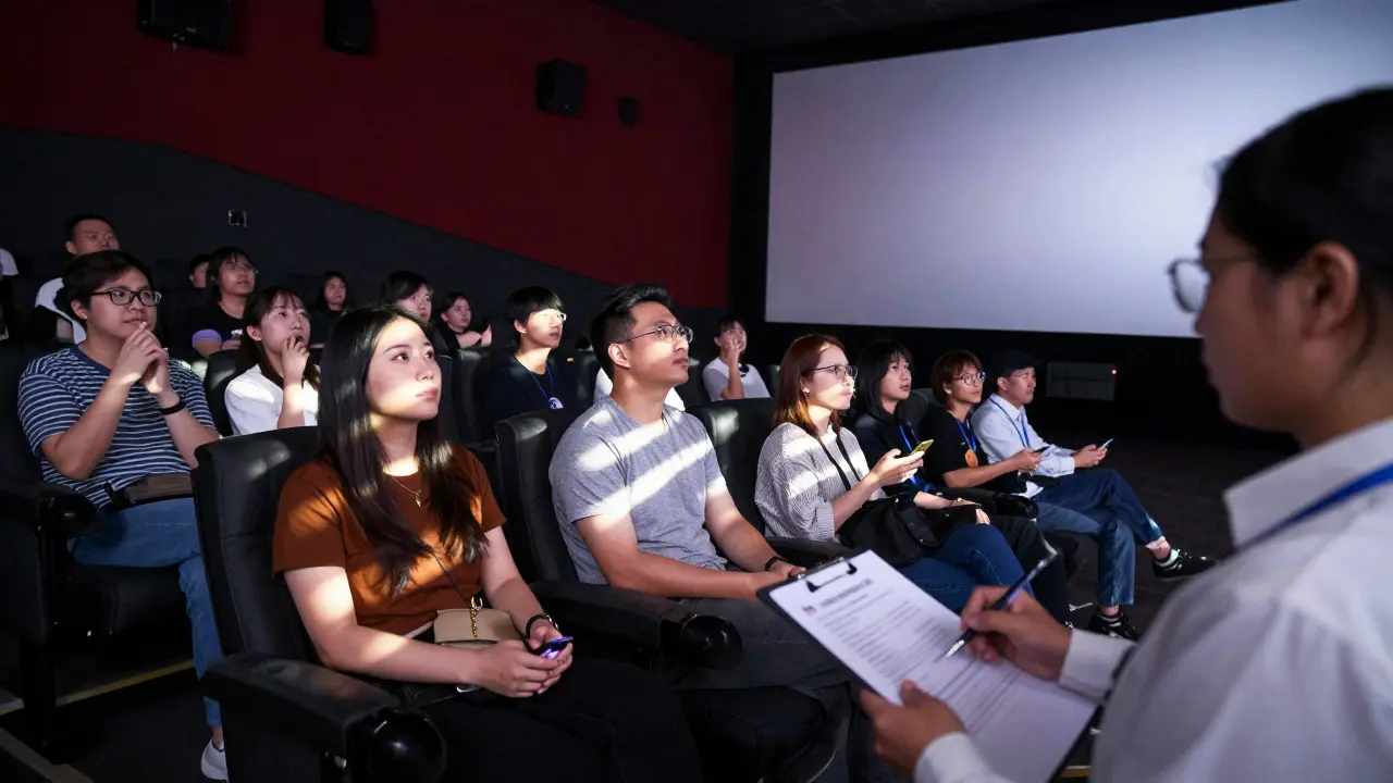 Audience reacting during a movie test screening in a theater