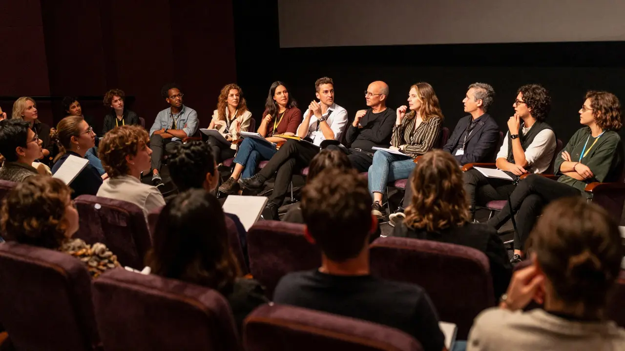 Audience watching a diverse panel discuss films on a brightly lit stage