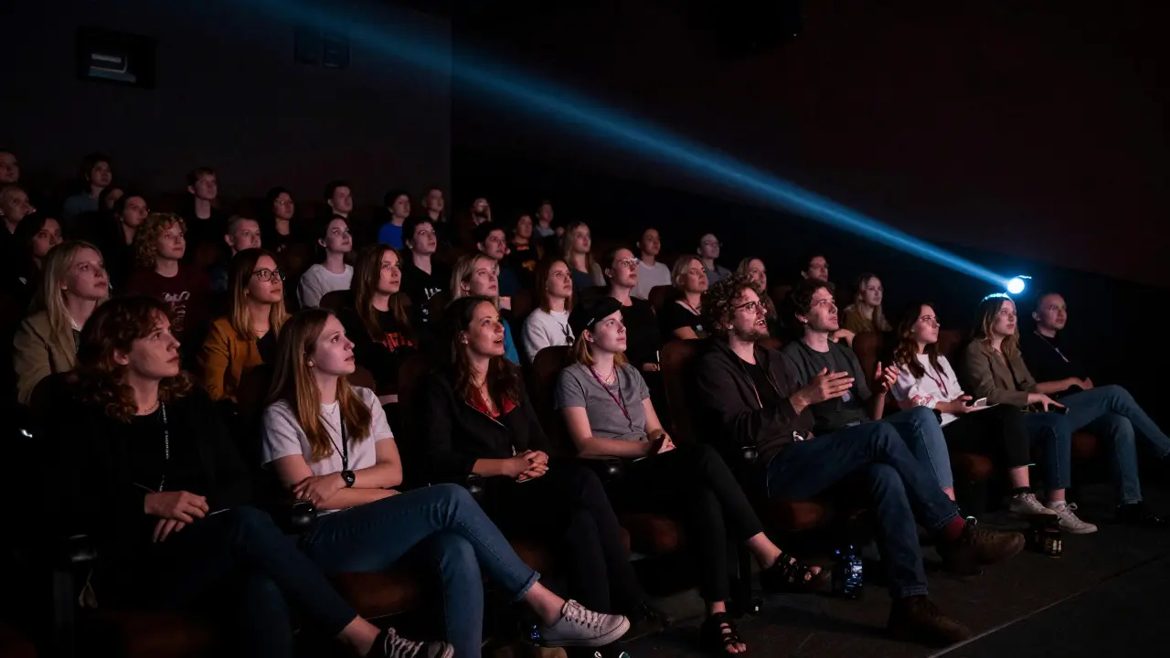 Audience watching a filmmaker discuss horror cinema in a dark theater