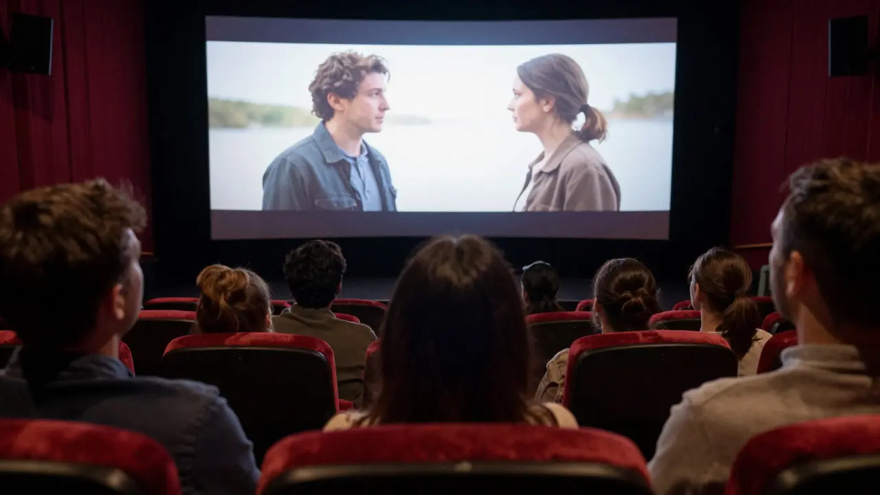 Audience watching an emotional scene in a dark theater
