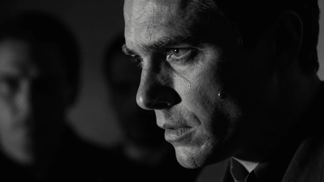 Black-and-white close-up of a determined face obscured by heavy shadows