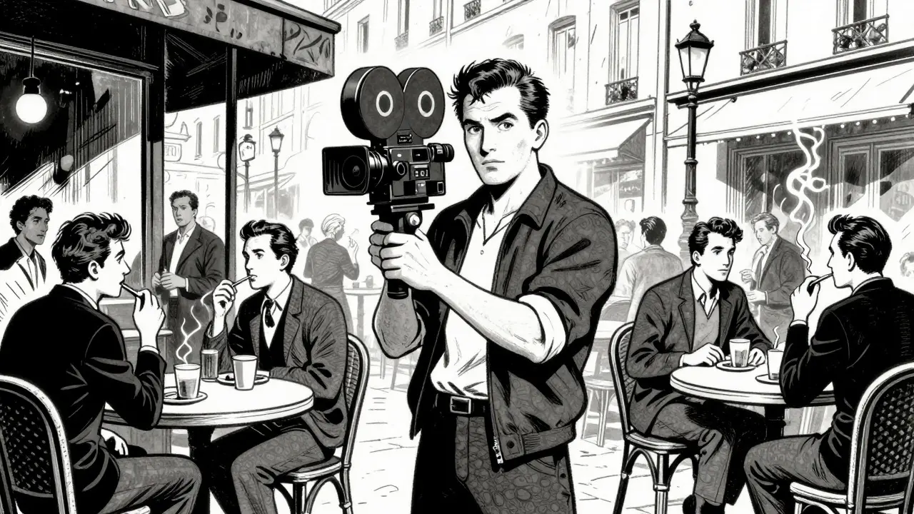 Black-and-white illustration of a director filming in a Paris cafe, breaking the fourth wall.