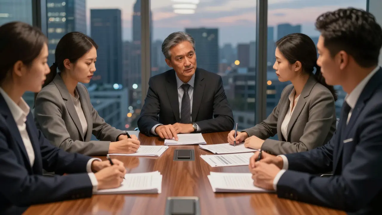 Business executives negotiating a film financing deal around a conference table with contracts