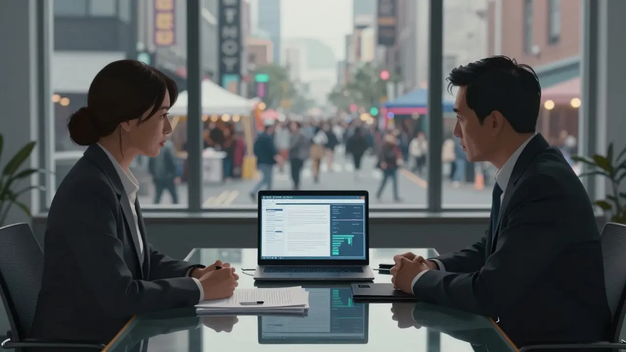 Business professionals negotiating film rights in an office overlooking a city