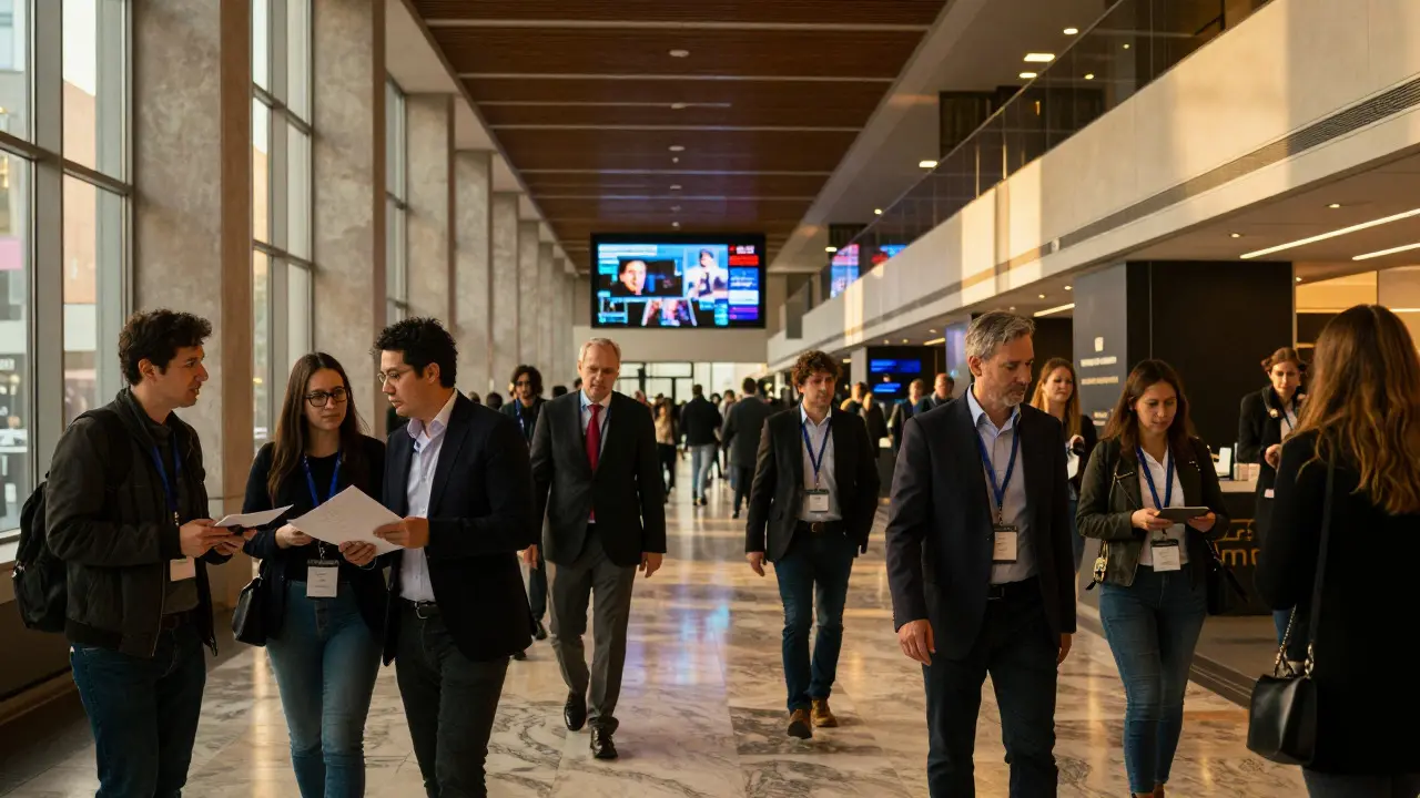Busy international film market hallway with diverse professionals networking