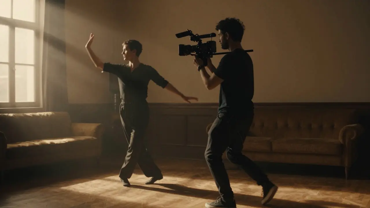 Camera operator moving with fluid precision alongside an actor in a warm-lit room
