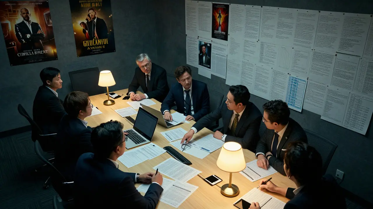 Campaign managers analyzing printed film reviews and posters in a busy war room
