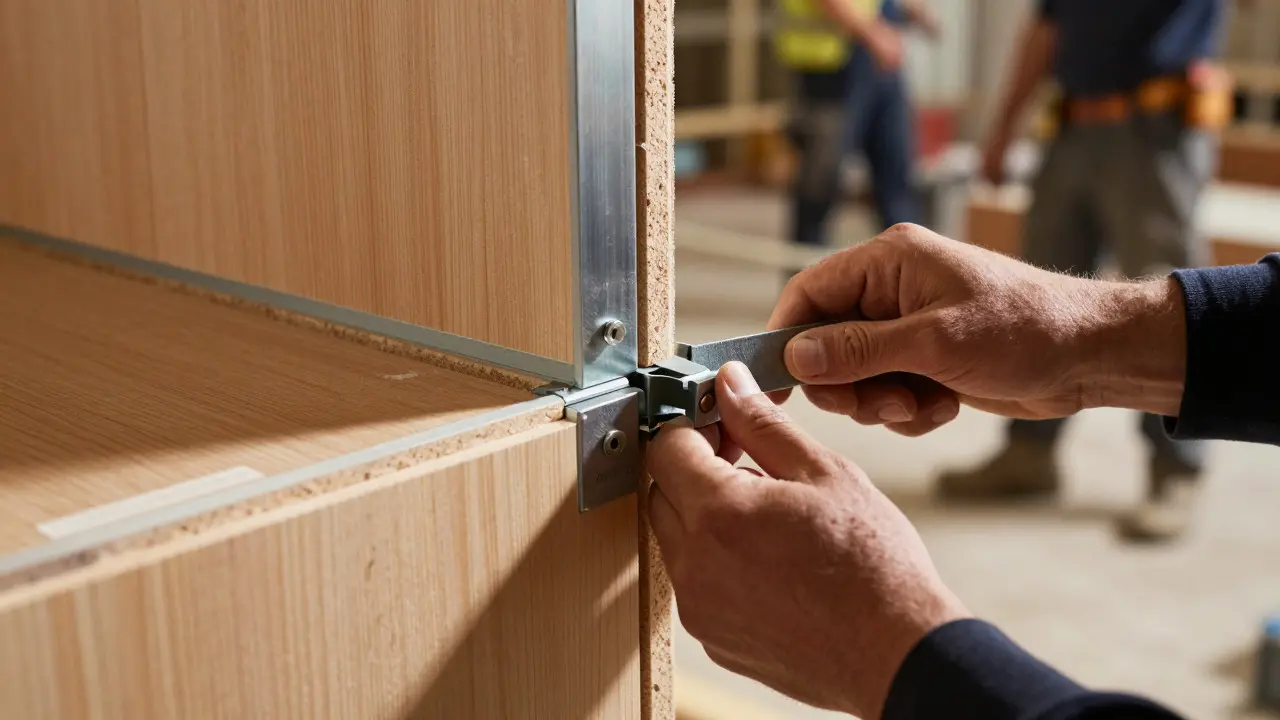 Carpenter assembling a film set wall using clamps and interlocking panels without glue