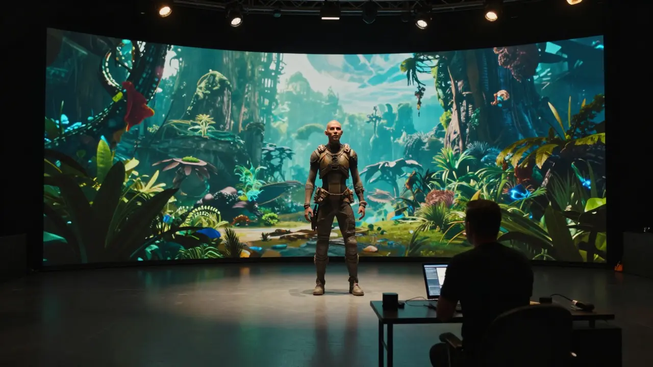 CGI character on a virtual production stage with LED backdrop