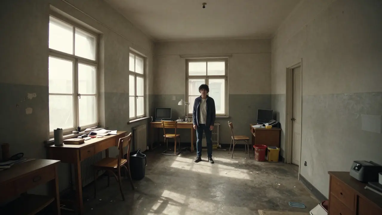 Character in a sunlit, cluttered apartment showing the realism of location shooting