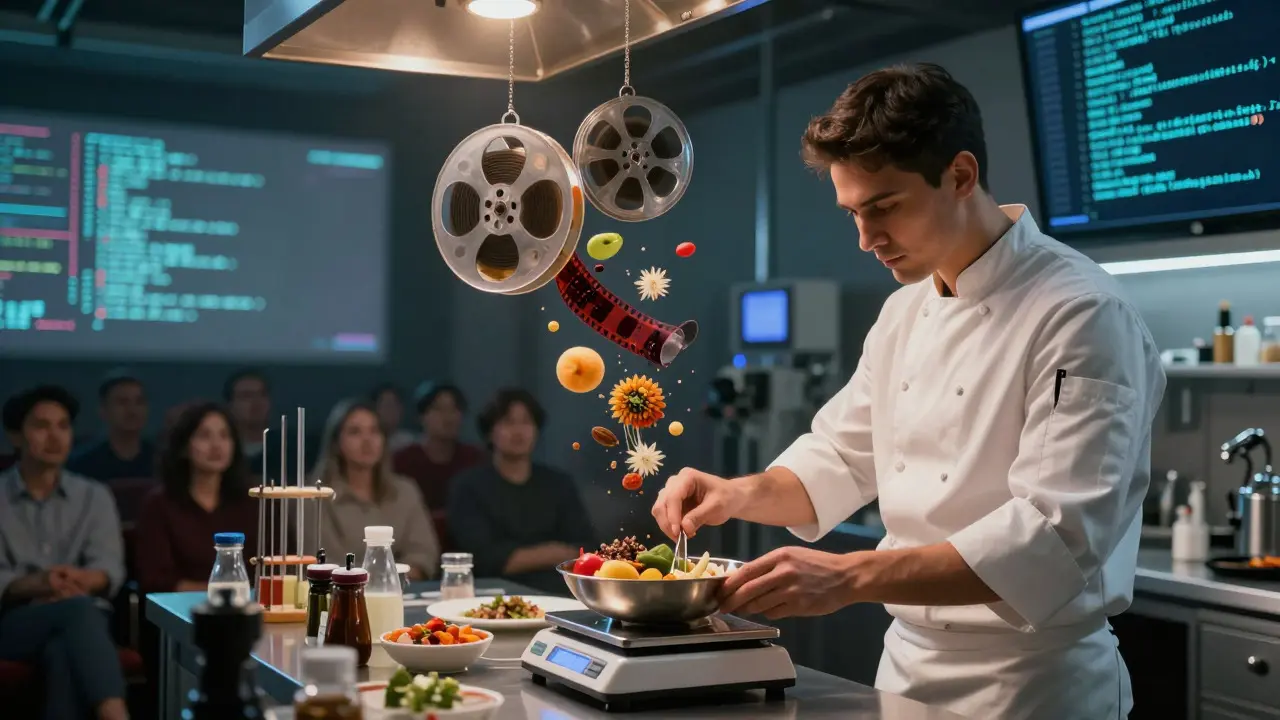 Chef using a digital scale in a kitchen that merges with film equipment and code