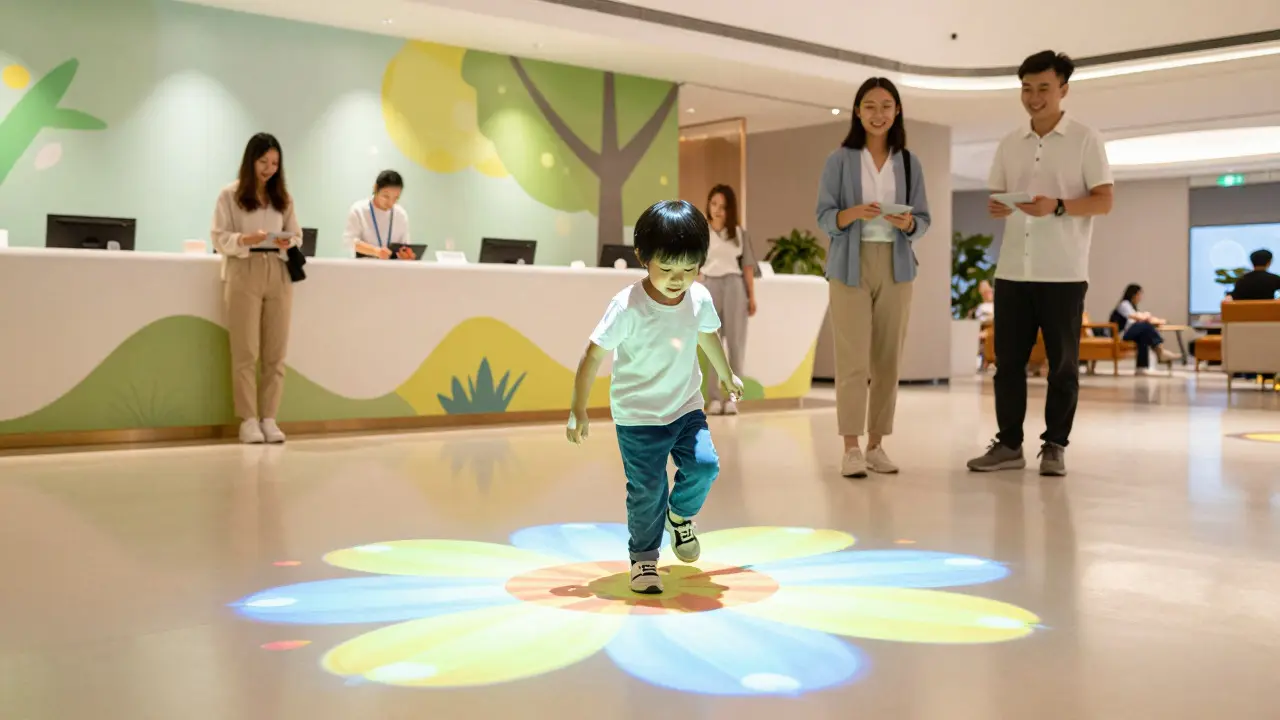 Child interacting with blooming digital flowers on a hotel lobby floor