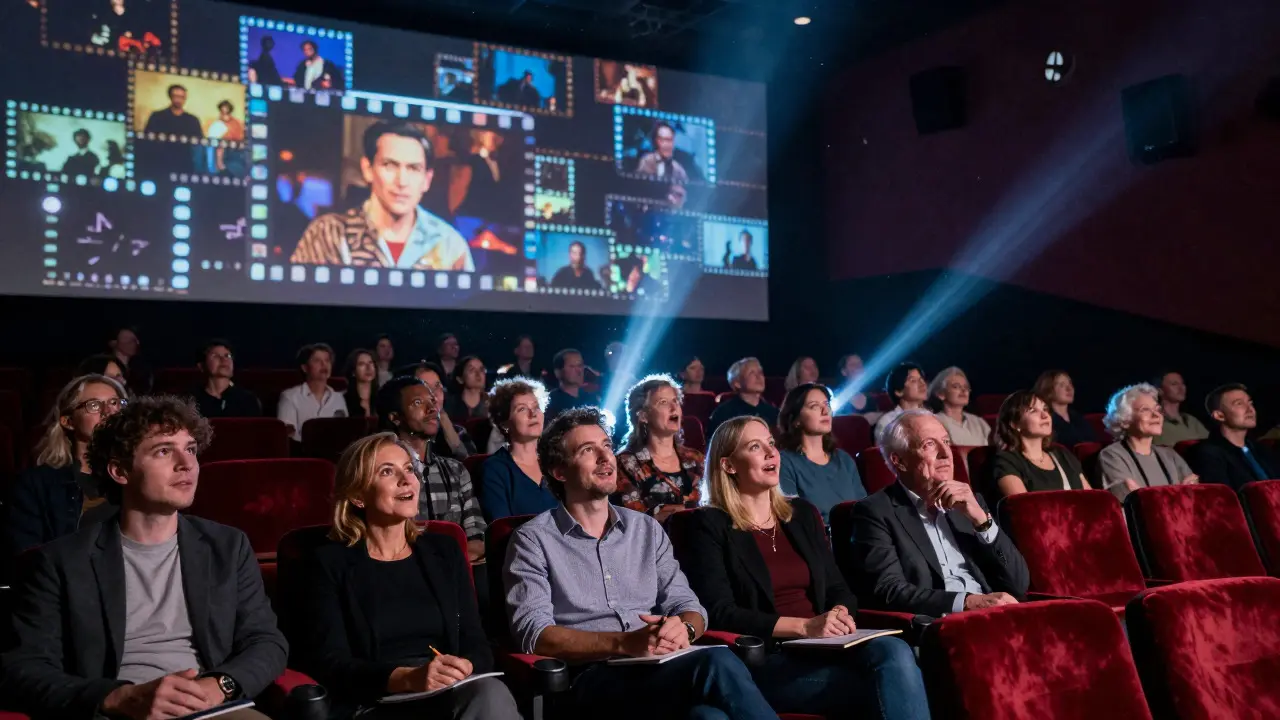 Cinema audience illuminated by projector beams with floating film frames and theoretical symbols overhead.