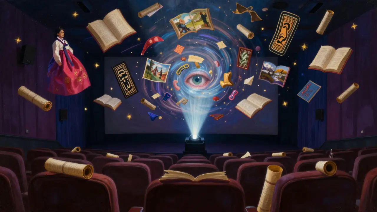 Cinema hall with floating cultural imagery illuminated by projector light