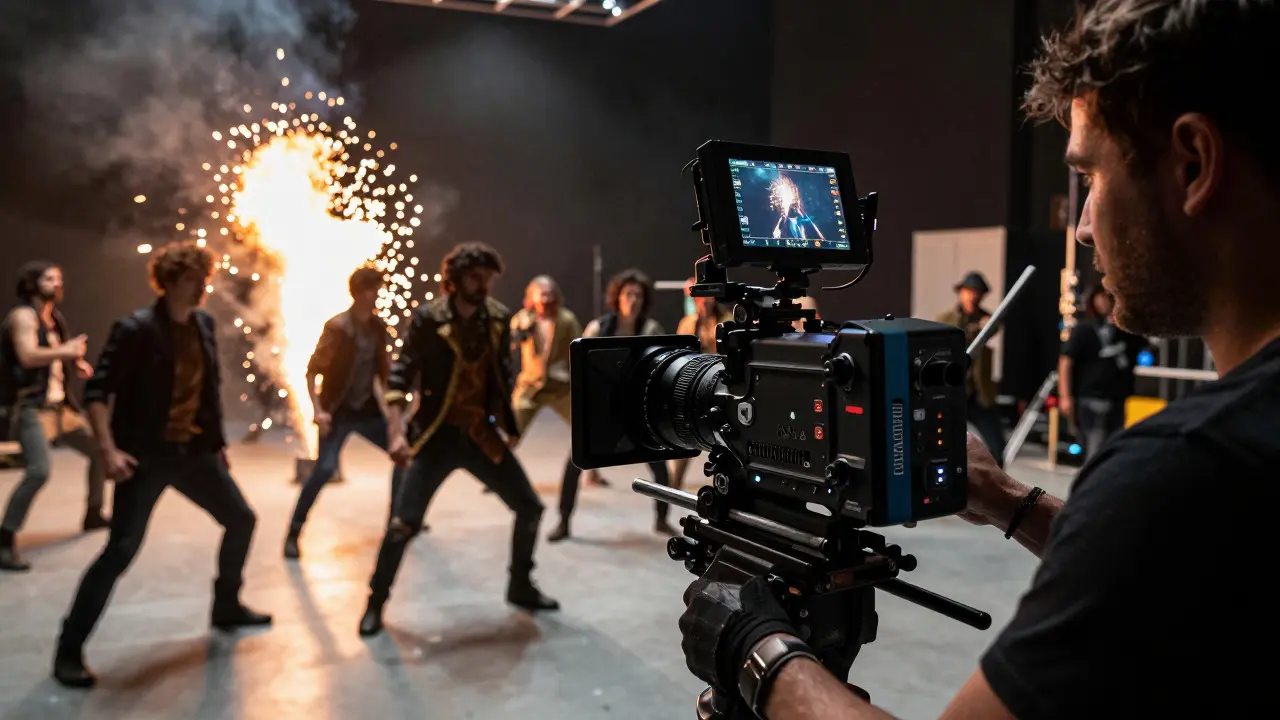 Cinematic camera capturing an action scene on a busy soundstage
