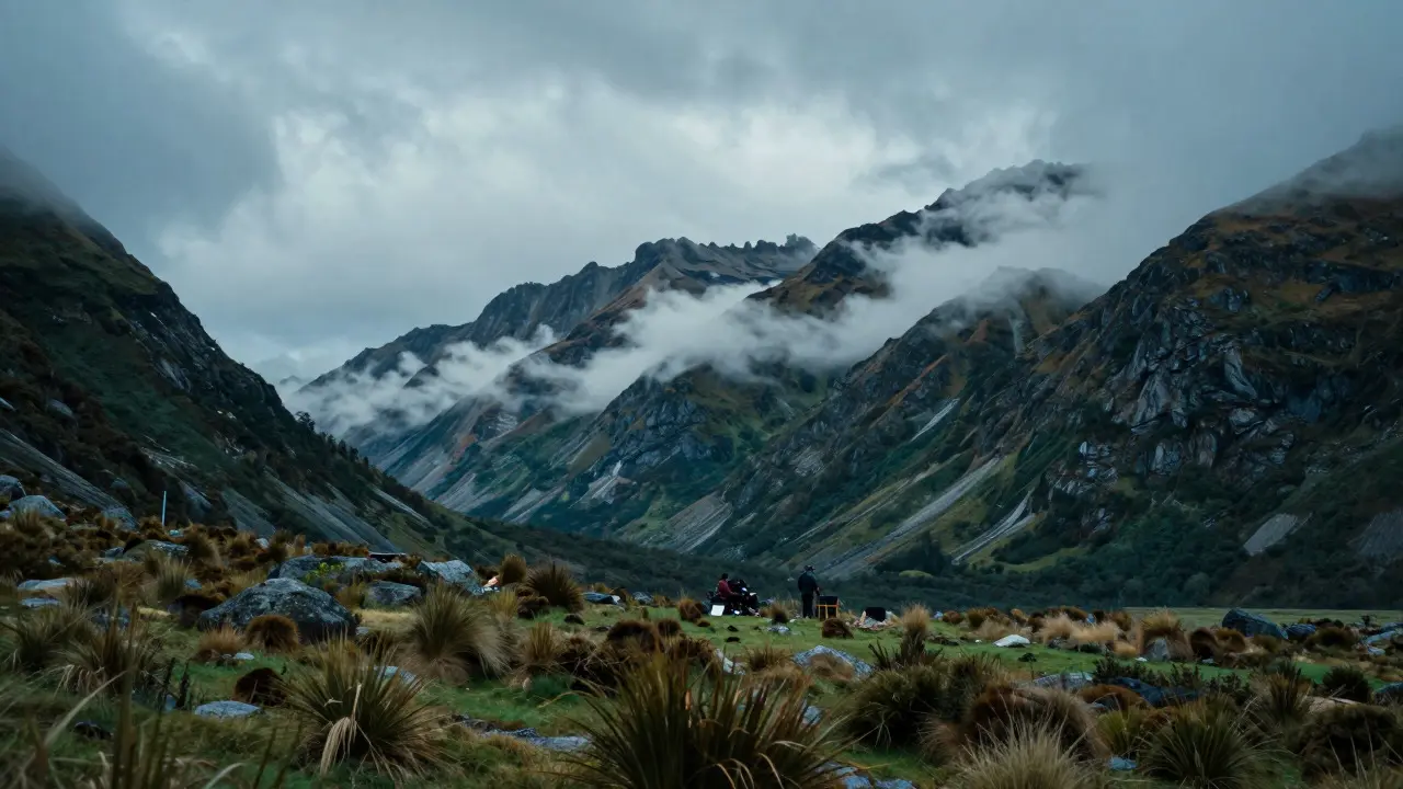 Cinematic view of misty mountains and forests in New Zealand