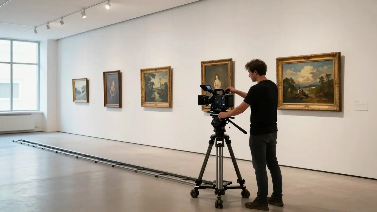 Cinematographer using a gimbal to film artworks in a modern museum
