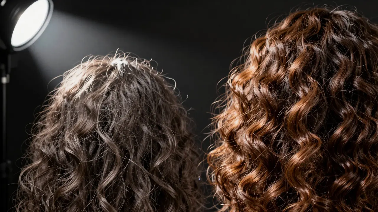 Close-up comparing healthy defined coils versus brittle frizzy hair under studio light