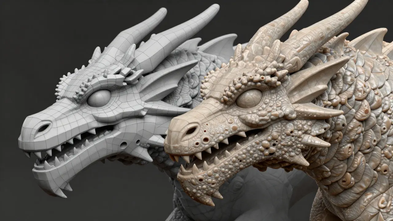 Close-up of a 3D dragon model transitioning from wireframe to textured surface