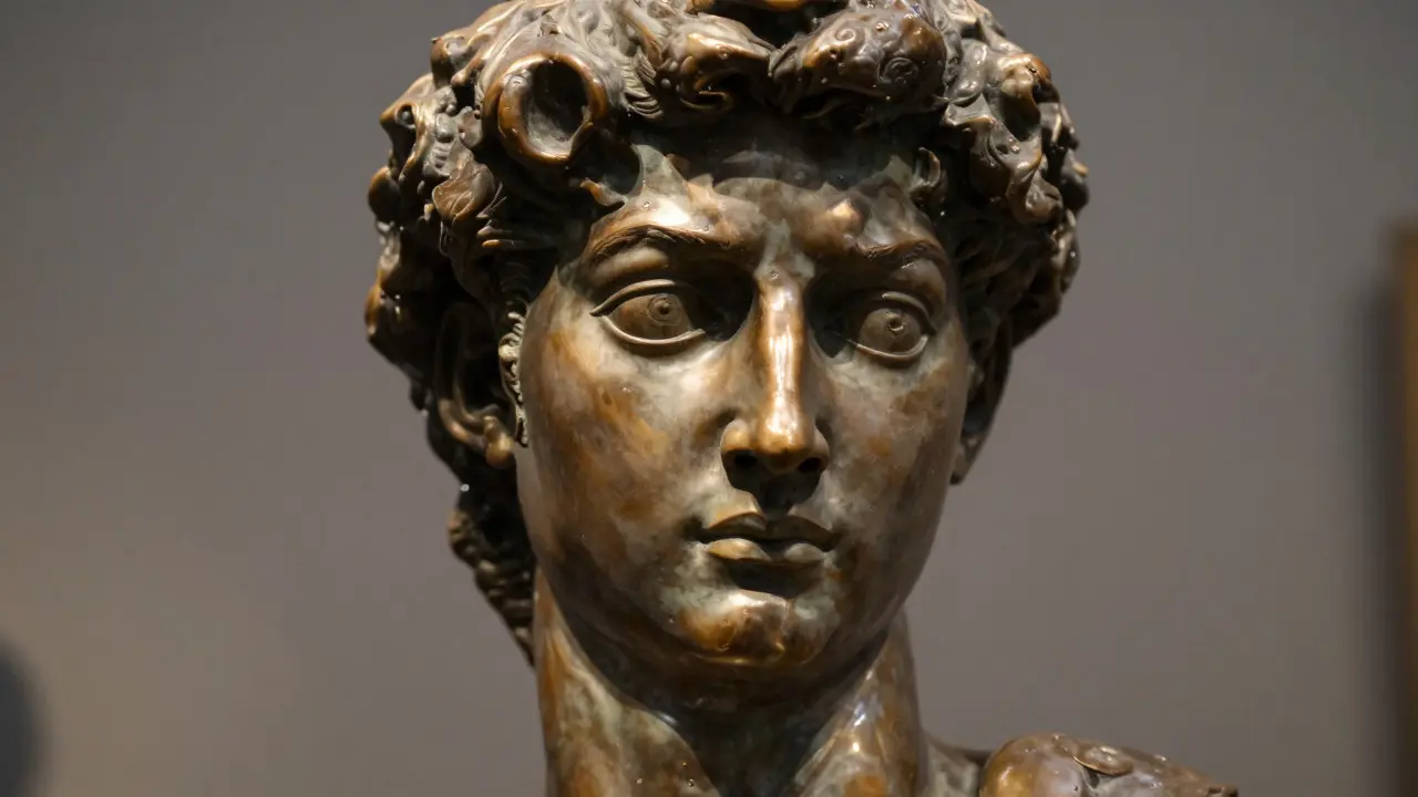 Close-up of a bronze sculpture showing specular highlights and shadows