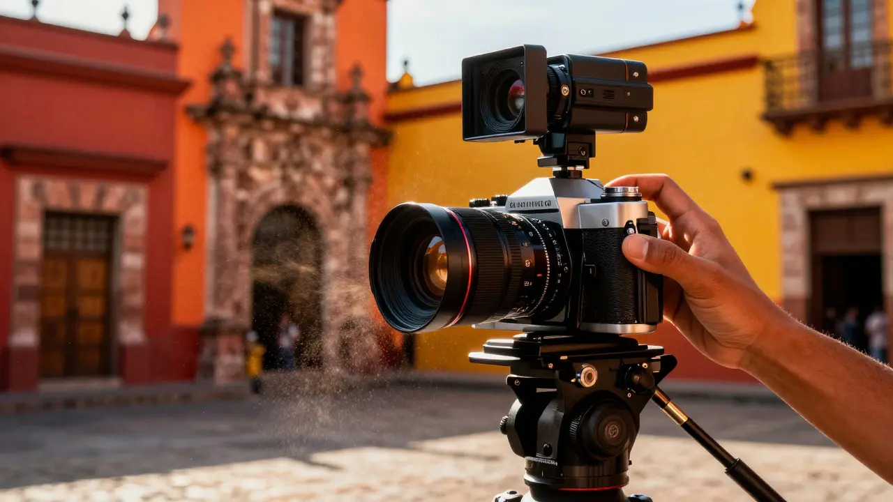 Close-up of a camera lens in a vibrant, sunlit Mexican courtyard