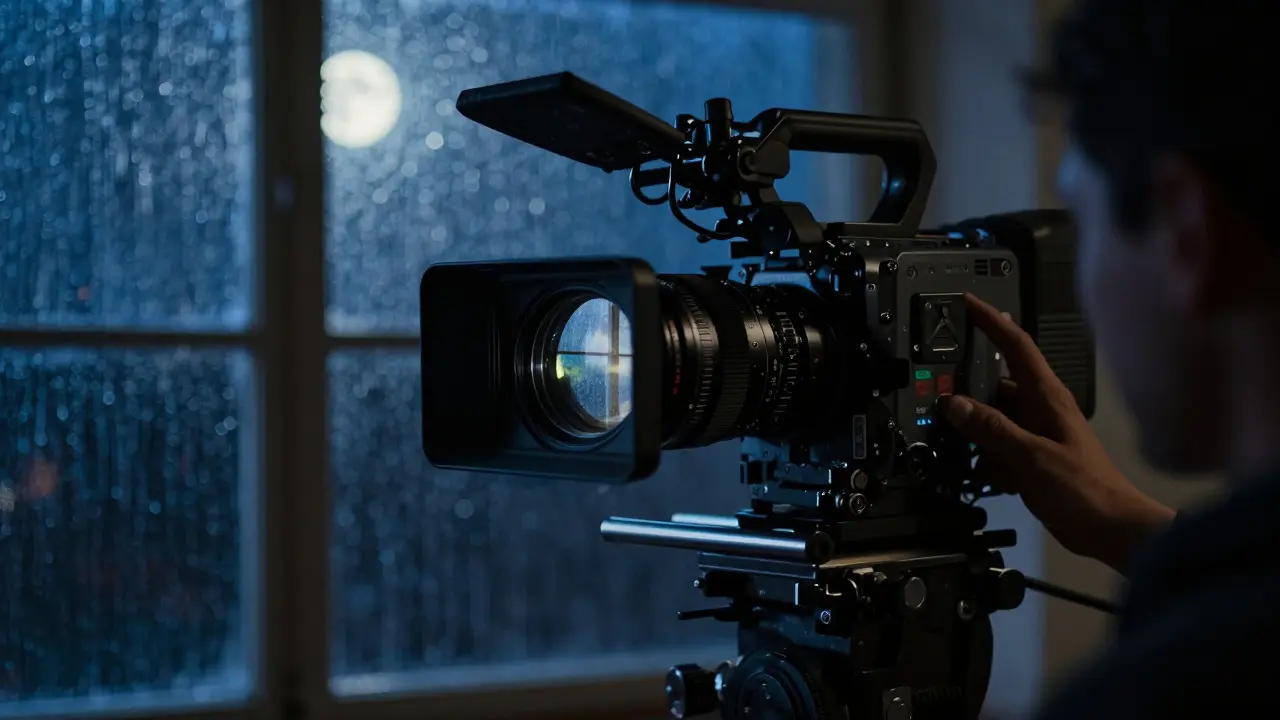Close-up of a camera lens reflecting a moody, rain-streaked scene during filming