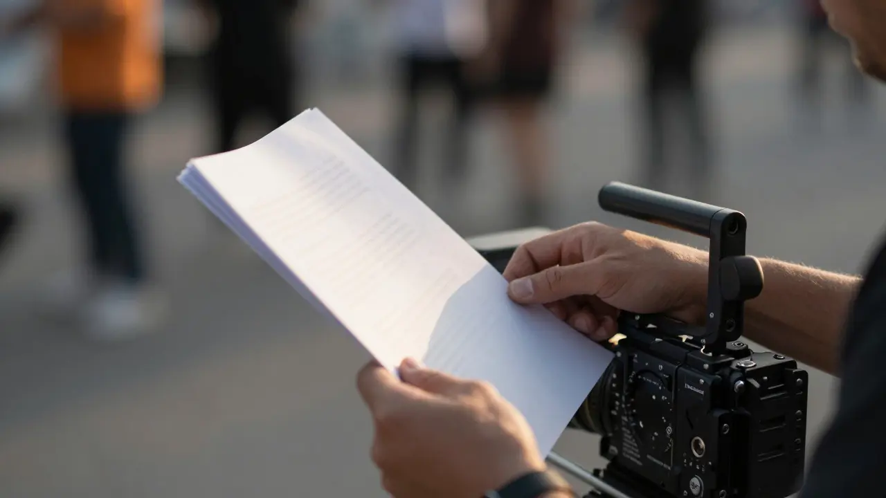 Close up of a director holding a script next to a compact digital cinema camera in golden light.
