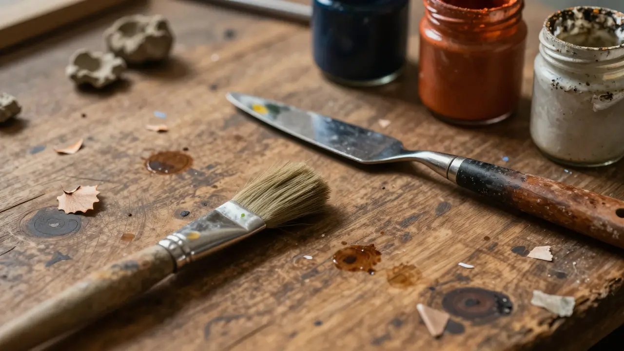 Close-up of a distressed wooden workbench with old brushes and paint jars