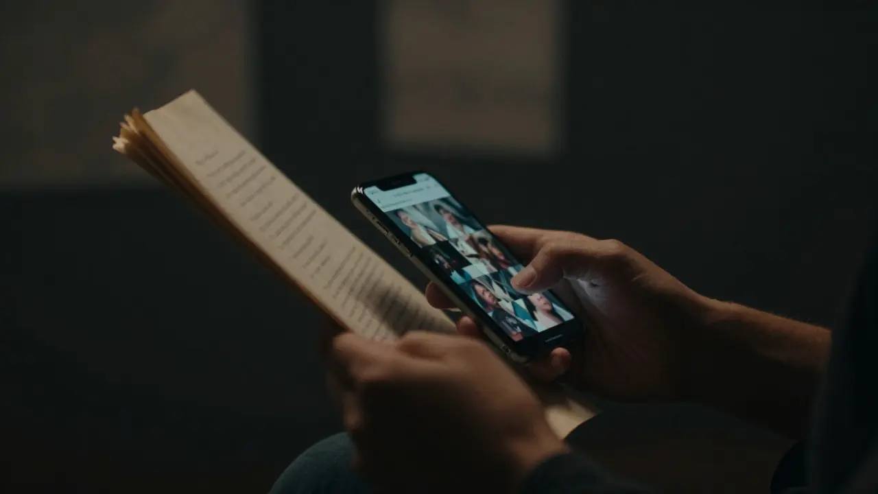 Close-up of a filmmaker's hands holding a script and smartphone in dim, dramatic lighting.
