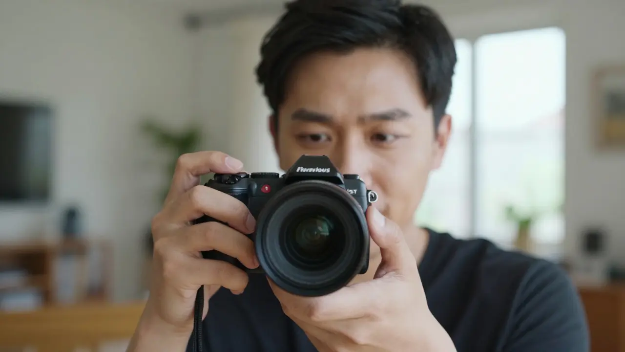 Close-up of a focused filmmaker holding a digital camera in natural light