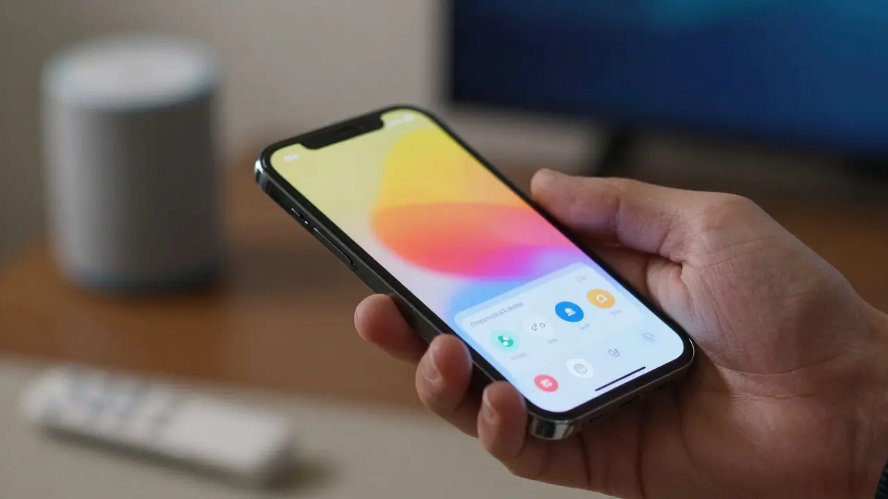 Close-up of a hand holding a smartphone with a blurred colorful interface against a tech background